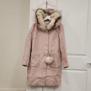 NWT Real Fox Fur Trim and Pom Poms Women's Pink Fur-Trimmed Wool Coat